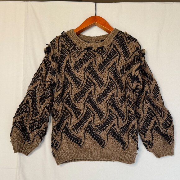 80s Vintage Saturdays Black Brown Twisted Chunky Knit Ballon Sleeve Sweater - Picture 7 of 10